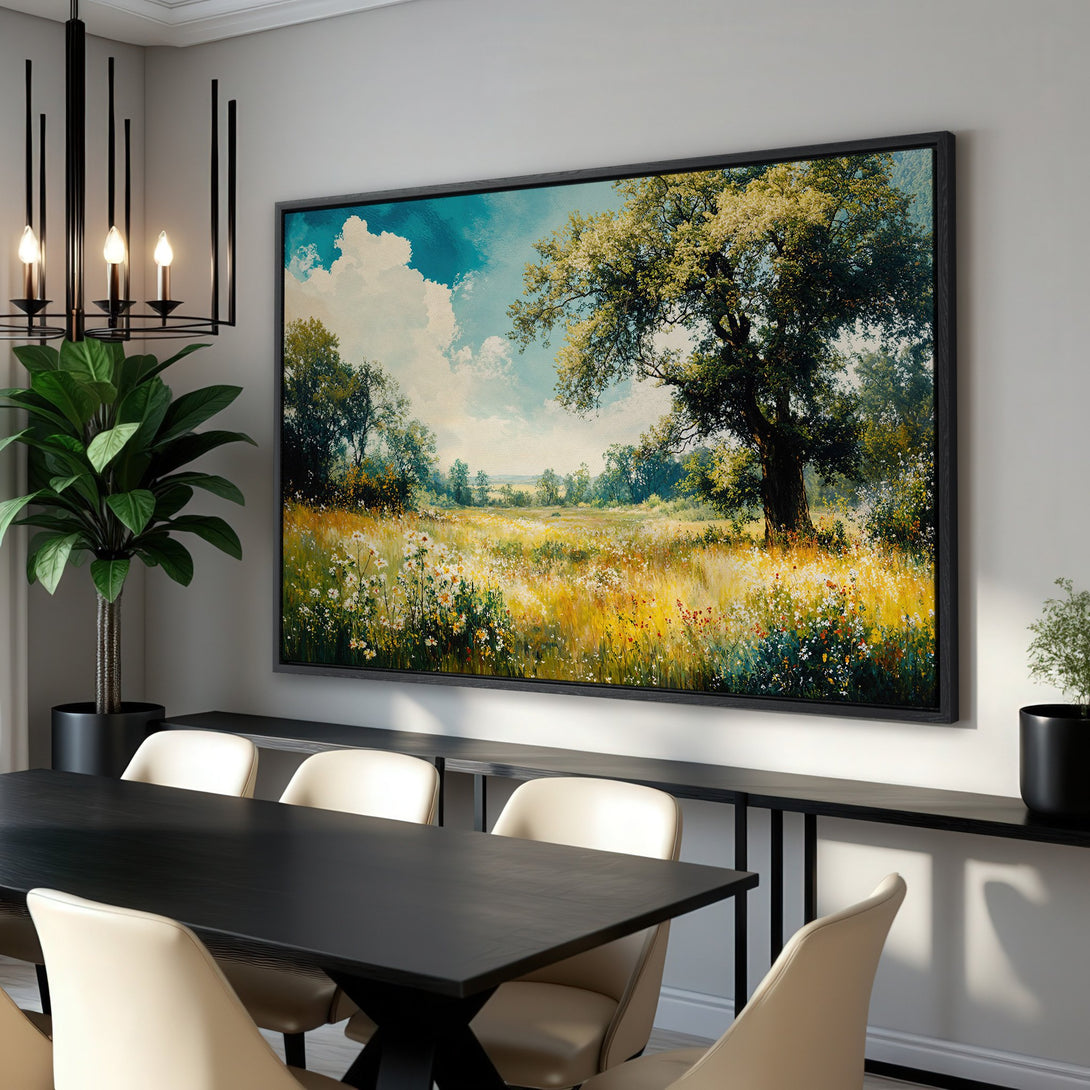 Framed Wall Art: Landscape Canvas Print with a meadow scene, featuring a bright yellow and green color palette, perfect for home decor.