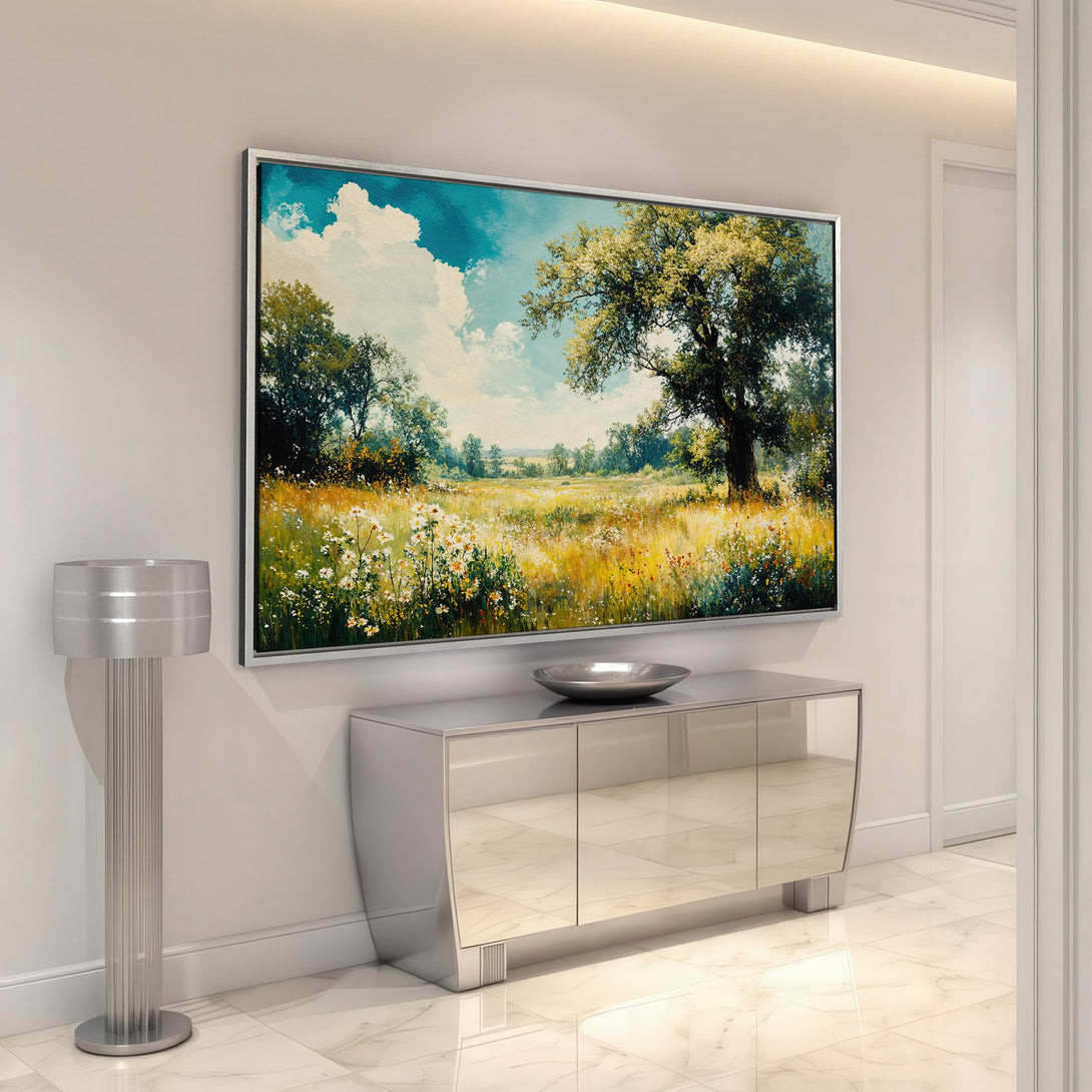 Framed Wall Art: Landscape Canvas Print in a modern interior. Features a vibrant meadow scene with blue sky, green trees, and warm yellow hues.