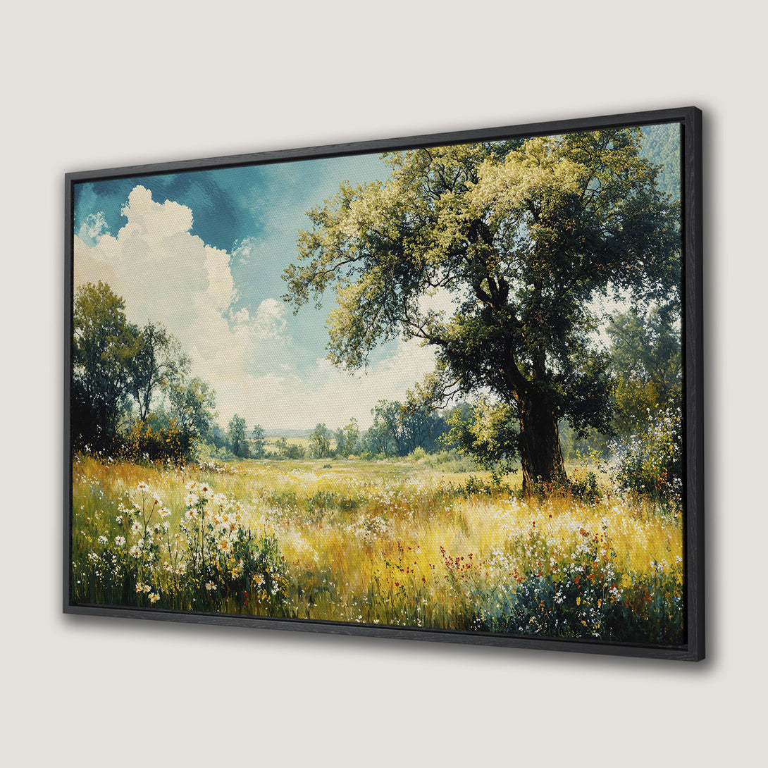 Framed Wall Art: Landscape Canvas Print featuring a serene meadow scene in a warm, natural color palette with a touch of blue sky.