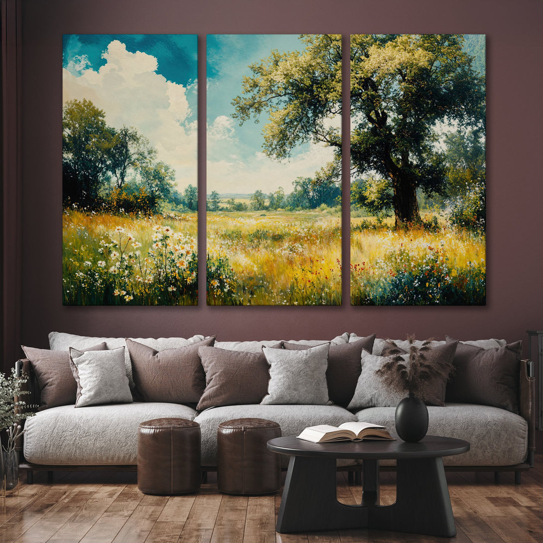 Canvas Print of a serene landscape painting in a warm, inviting interior. Features a meadow scene with a blue sky and a golden color palette.