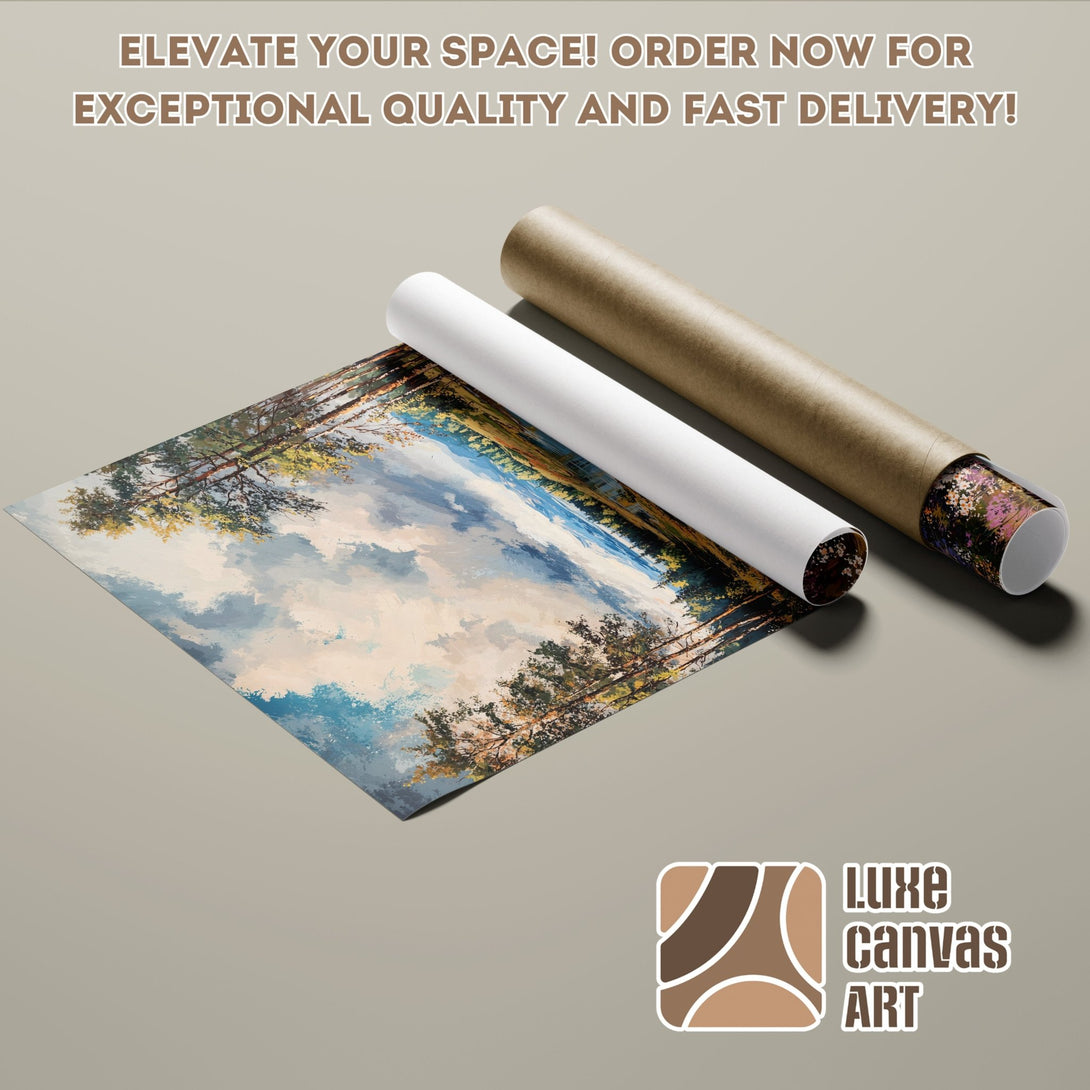 Landscape Poster Roll with a nature scene in blue, green, and brown tones. Elevate your space with Luxe Canvas Art!