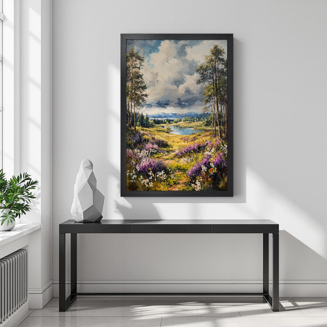 Framed Poster of a scenic landscape painting. Impressionistic style with a vibrant palette of blues, greens, and purples. Add art to your space!