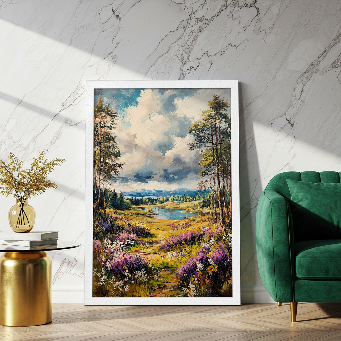 Framed Poster of a serene landscape painting with vibrant colors. Features a lake, trees, and flowers in a beautiful, impressionistic style.