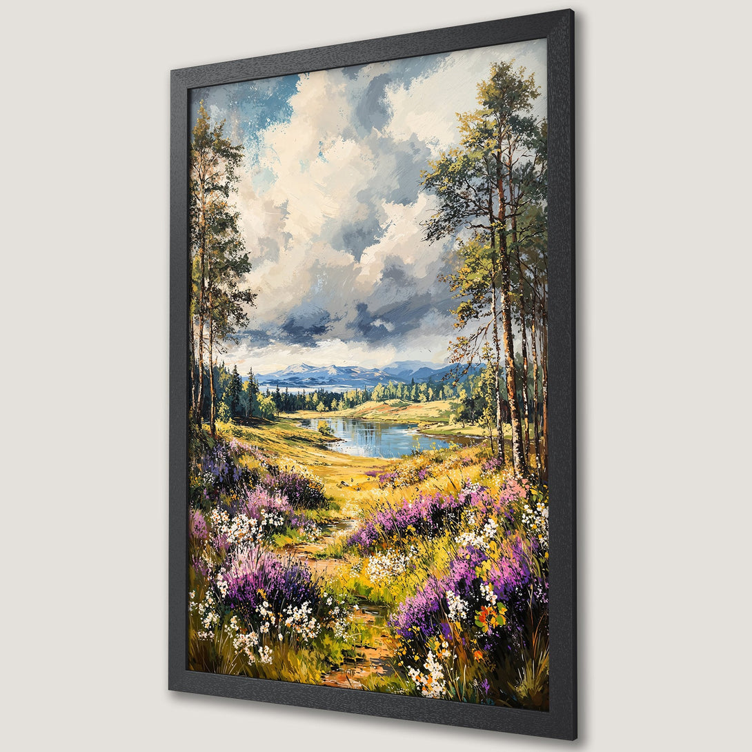 Framed Poster of a serene landscape painting with a vibrant color palette of greens, blues, yellows, and purples. Captivating artwork for your home.