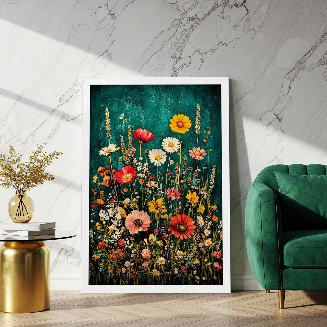 Framed Poster featuring vibrant wildflowers in a painterly style with a teal and floral color palette. Perfect wall art!