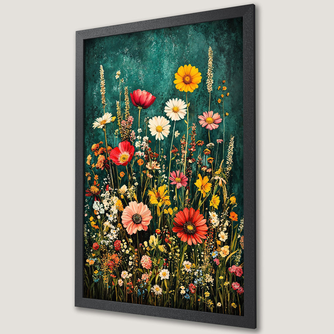 Framed Poster featuring vibrant wildflowers against a teal background. Botanical art style with a colorful palette of reds, yellows, and pinks.