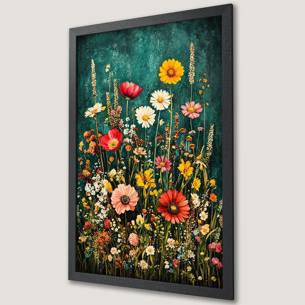 Framed Poster featuring vibrant wildflowers against a teal background. Botanical art style with a colorful palette of reds, yellows, and pinks.