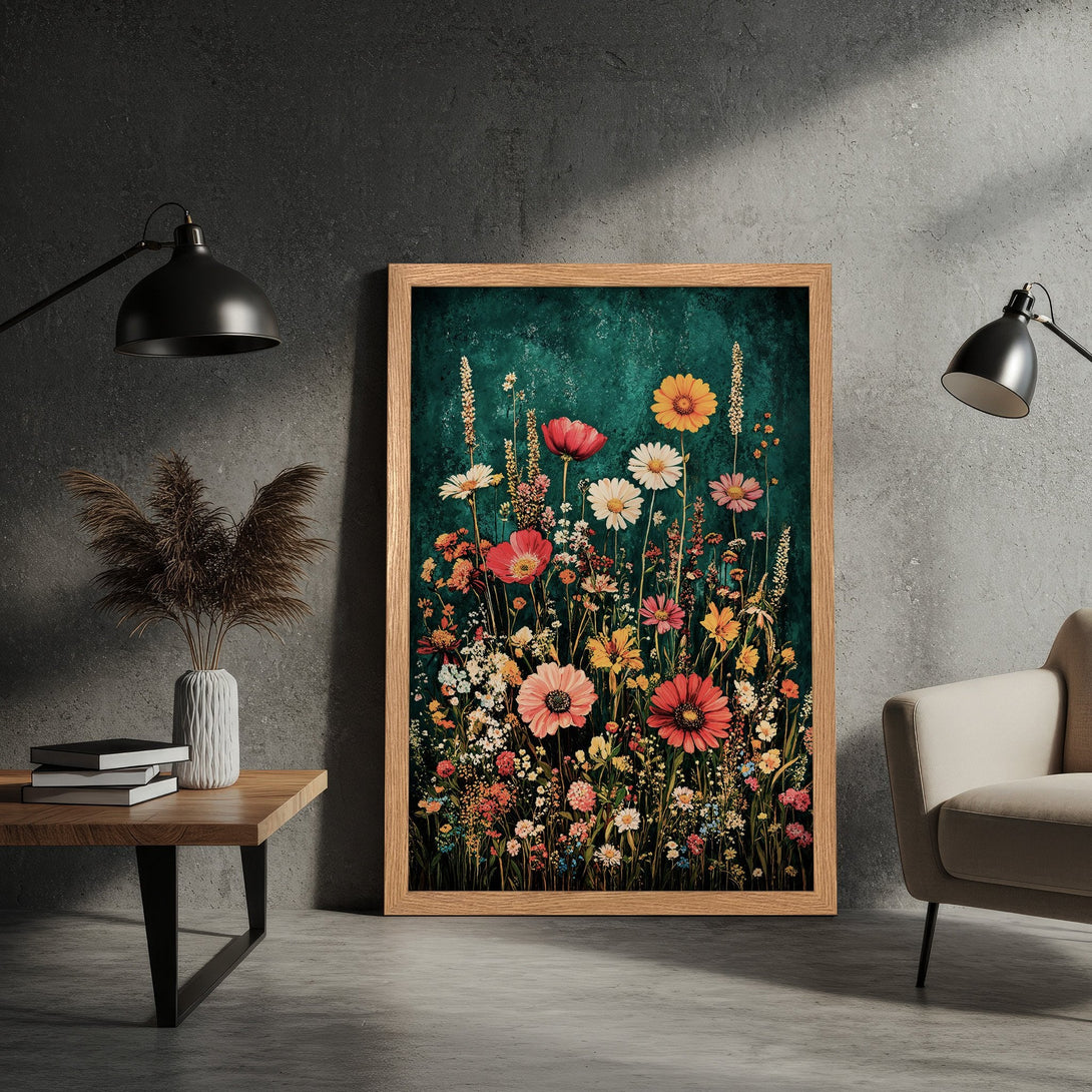 Framed Poster featuring a vibrant floral meadow artwork with a teal background and warm color palette. Perfect wall art for your home!