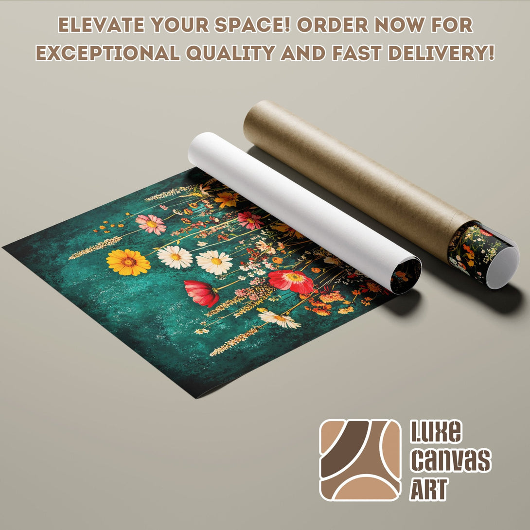 Floral Poster Roll with teal, red, yellow, and white flowers. Add art to your space! Order now!