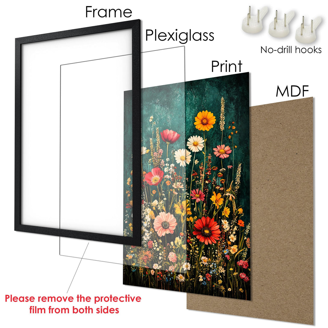Framed Poster featuring a vibrant floral design. Artistic style with a rich, colorful palette of greens, reds, and yellows. Ready to hang!
