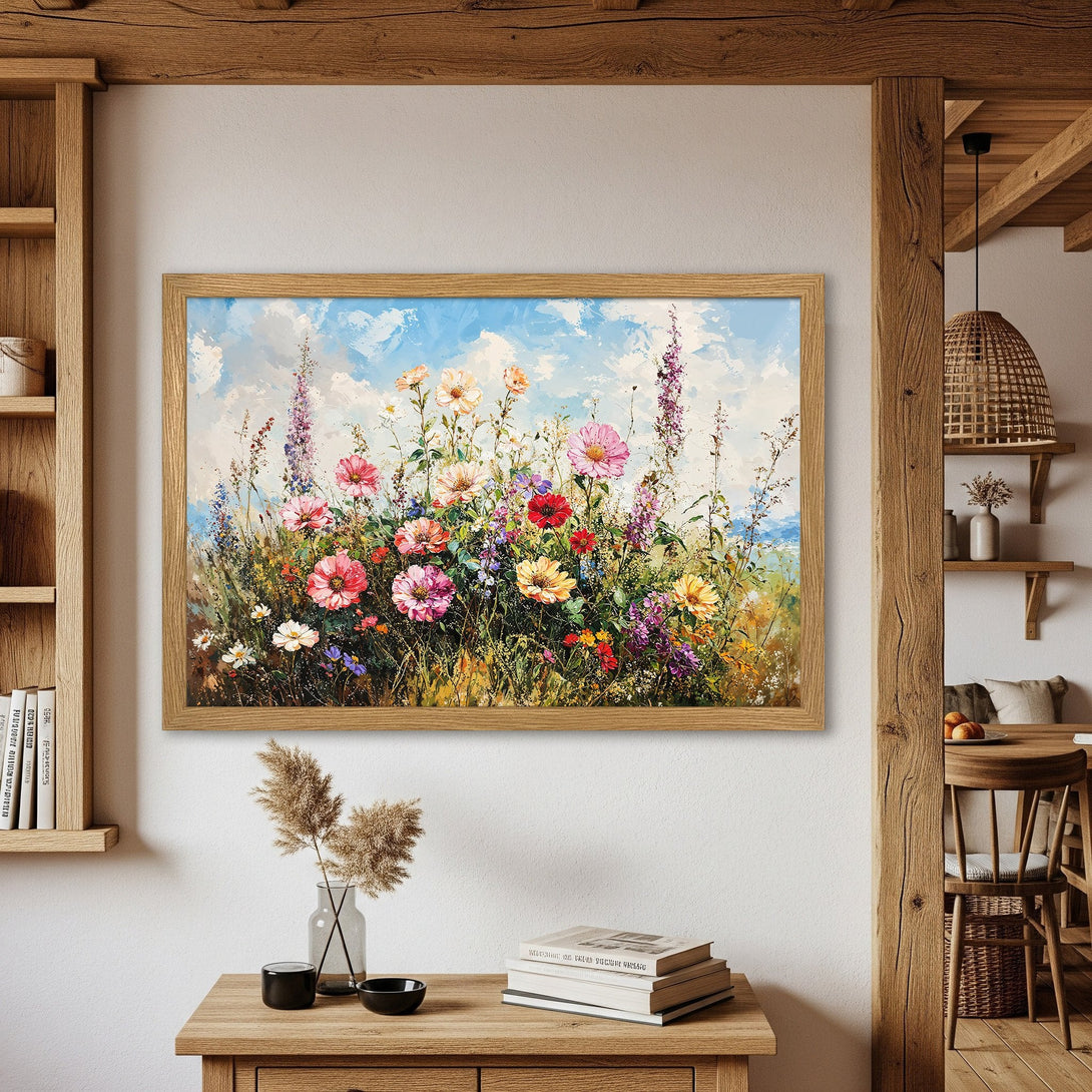 Framed Poster featuring a vibrant floral meadow painting with a blue sky background. Impressionistic style, colorful palette. Perfect wall art!