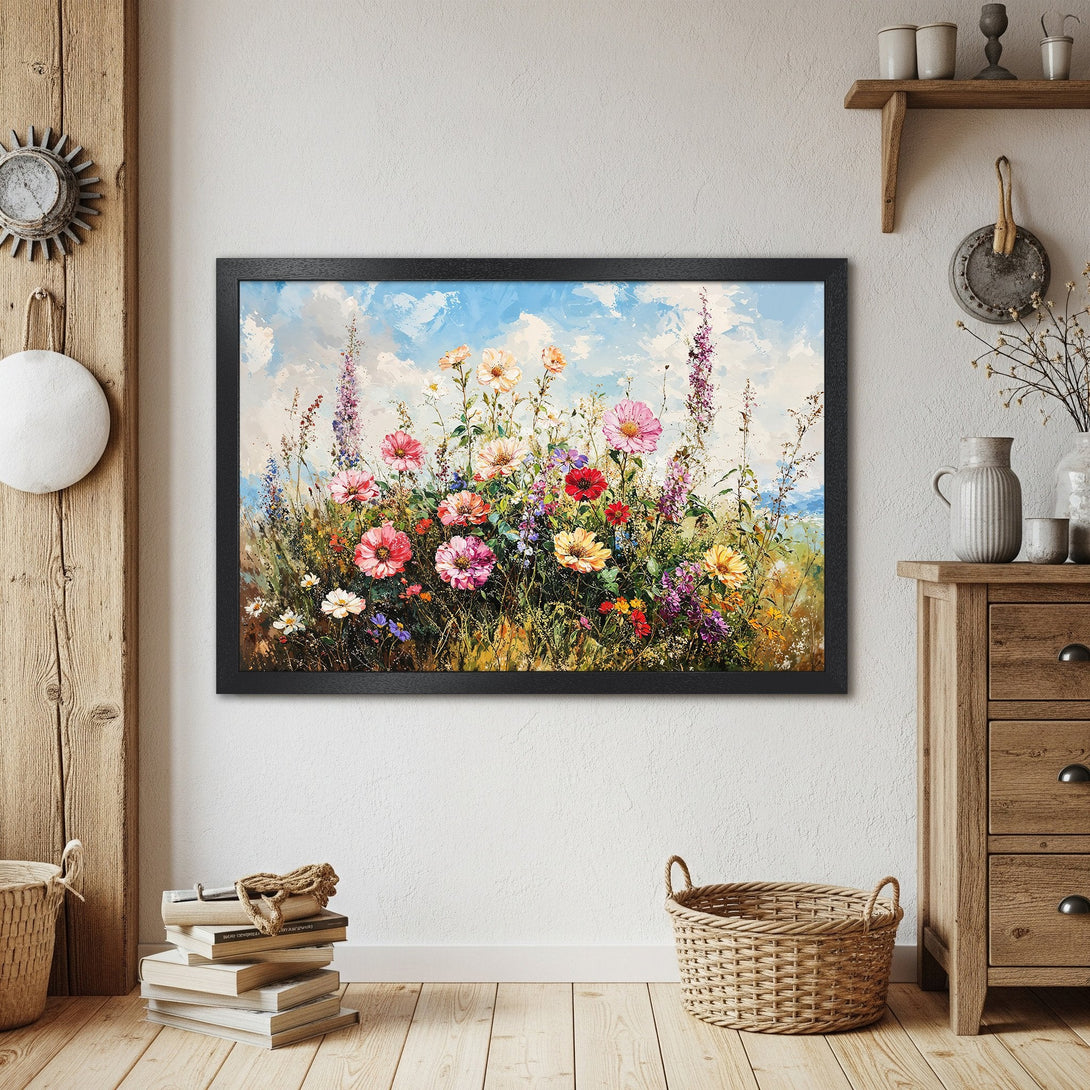 Framed Poster featuring a vibrant floral meadow painting in a colorful palette. Perfect wall art for a touch of nature!
