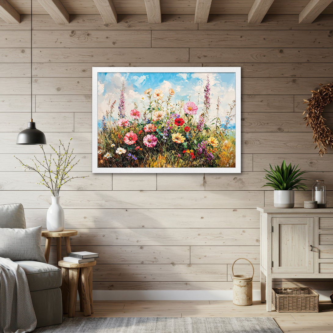 Framed Poster featuring a vibrant floral field painting in impressionist style with a colorful palette. Perfect wall art for your home!
