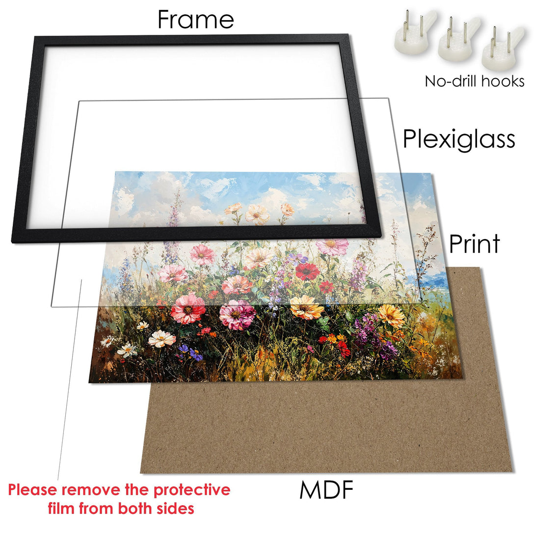 Framed Poster of a vibrant floral painting with a blue sky background, in a colorful palette. Perfect wall art!