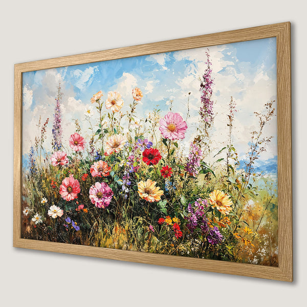 Framed Poster of colorful wildflowers in impressionist style, featuring a vibrant palette of pinks, yellows, and blues.