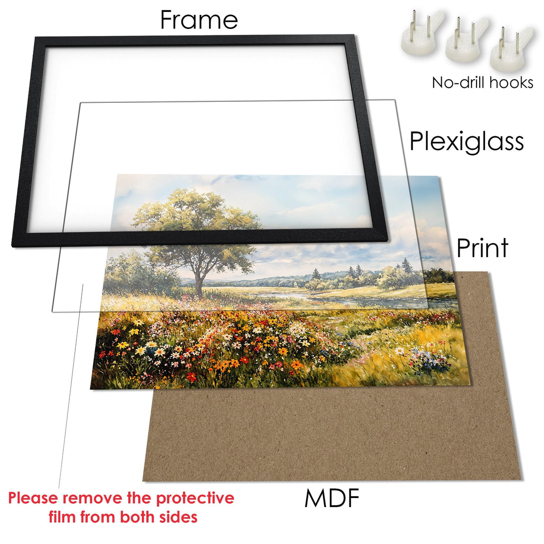 Framed Poster featuring a vibrant landscape painting with a colorful floral meadow. Beautiful art print with a natural color palette.