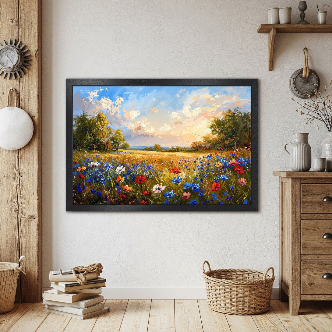 Framed Poster of a vibrant wildflower meadow painting, impressionistic style, with blue, red, and yellow hues.