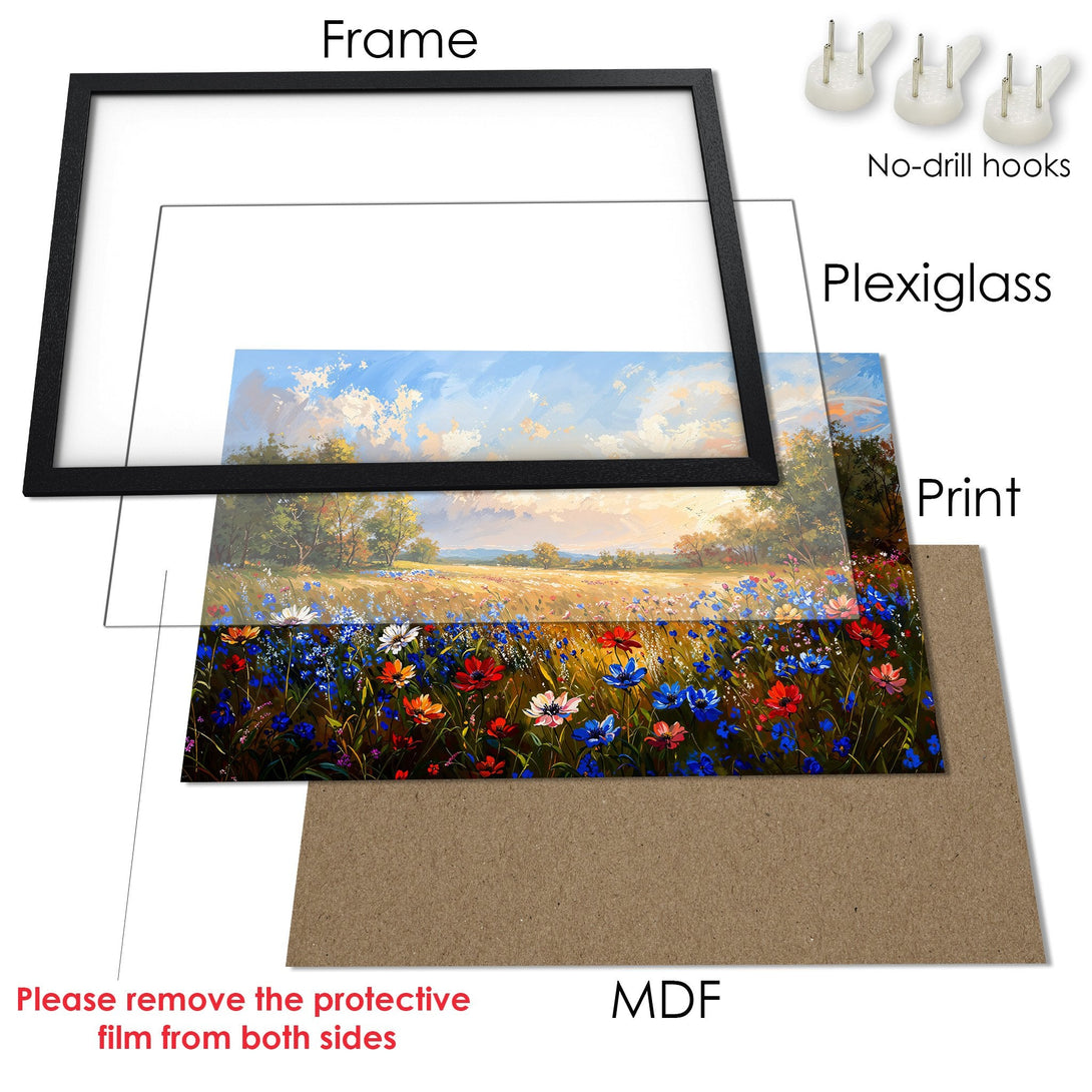 Framed Poster featuring a vibrant floral field landscape painting, showcasing a colorful palette of blues, reds, and yellows.
