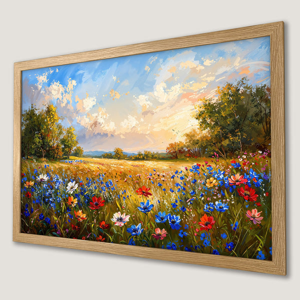 Framed Poster of a vibrant wildflower meadow painting in a warm color palette. Perfect art for your home!