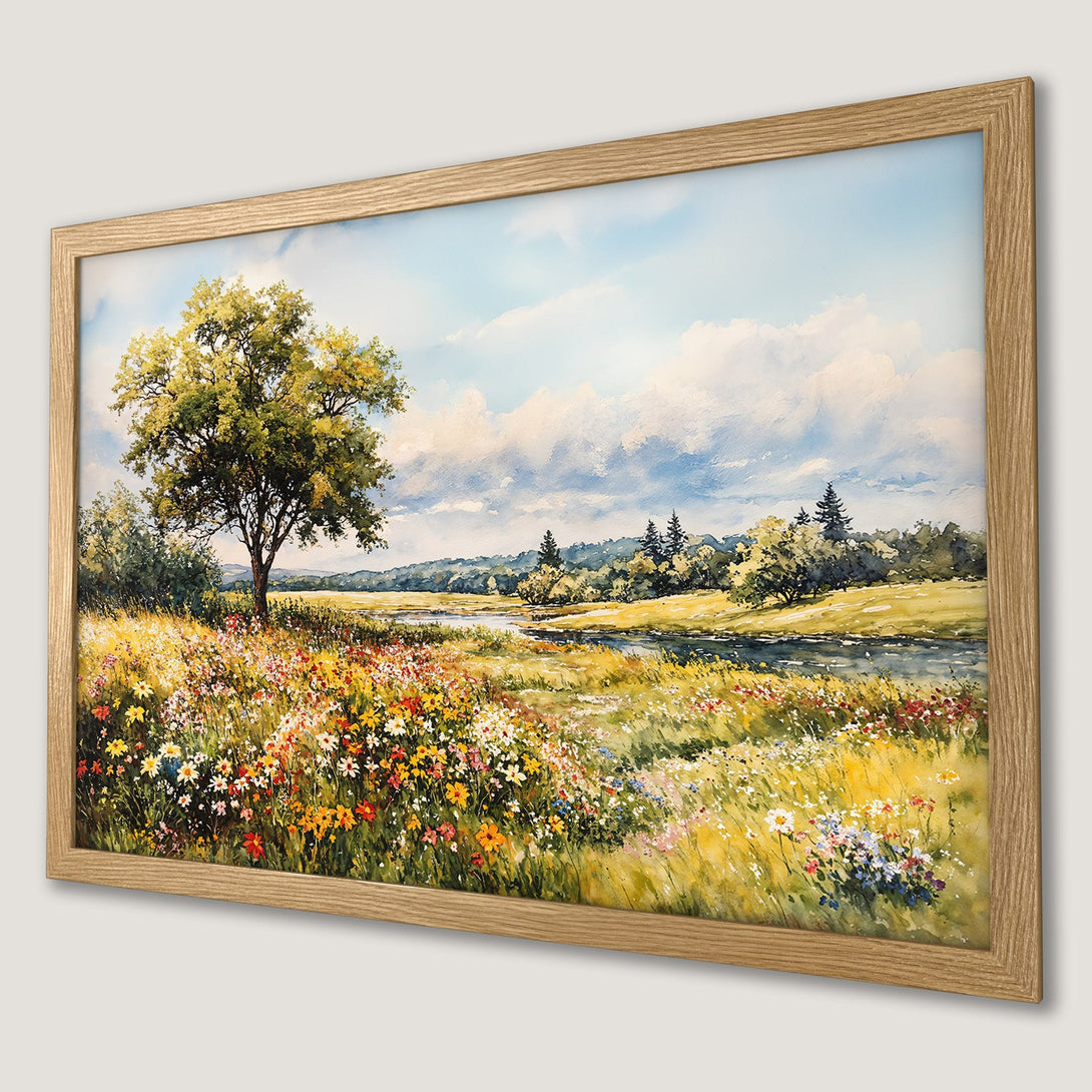 Framed Poster of a serene watercolor landscape with a vibrant meadow in yellow, green, and blue hues. Perfect wall art!