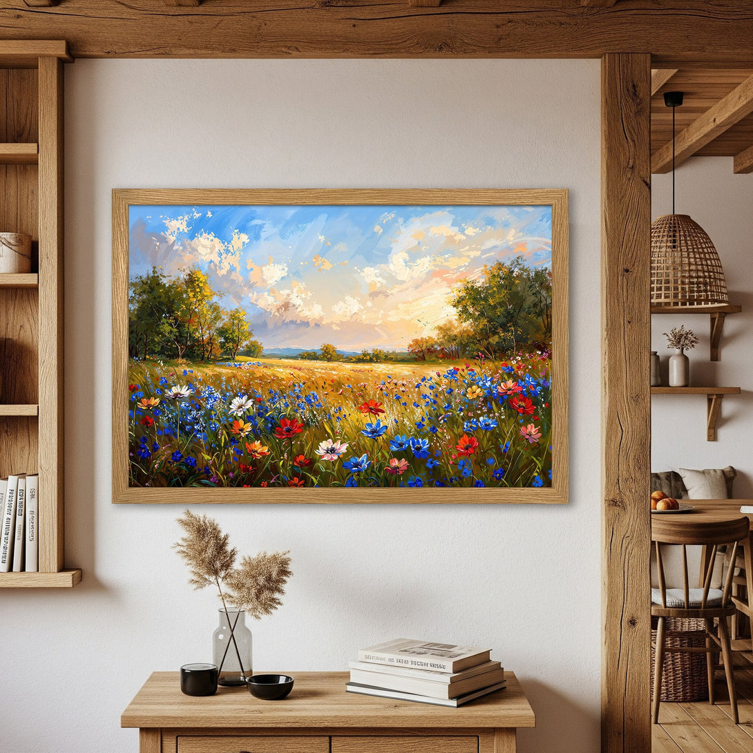 Framed Poster of a vibrant wildflower meadow painting. Impressionistic style with a warm, inviting color palette. Perfect wall art!