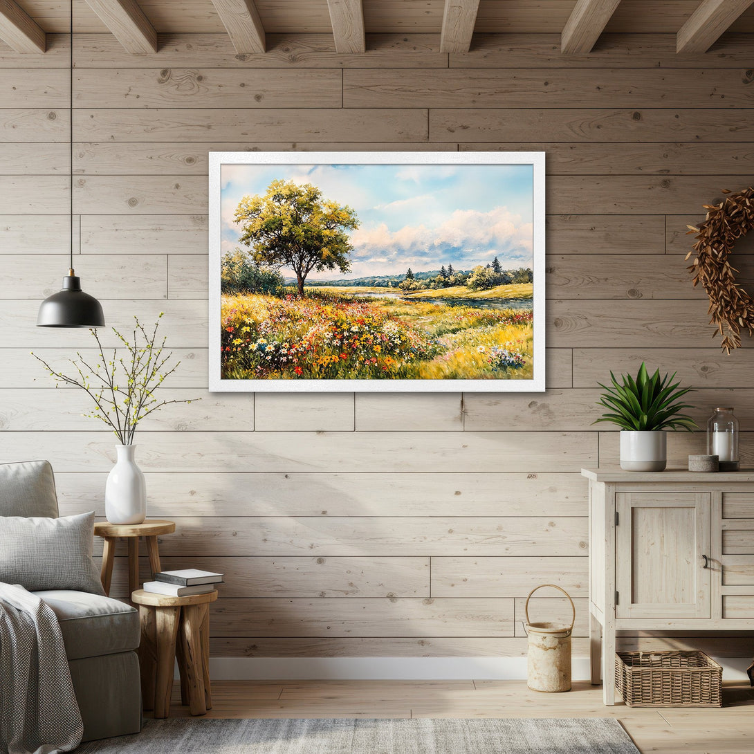Framed Poster of a vibrant meadow landscape painting. Beautiful art with a warm, colorful palette, perfect for home decor.