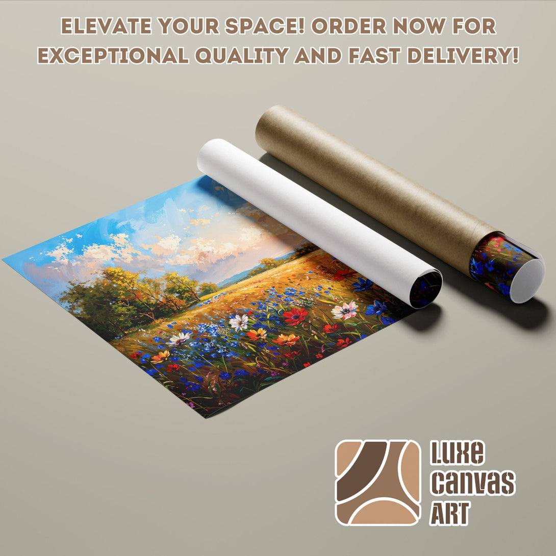 Poster Roll of a vibrant landscape painting with blue, yellow, and red flowers. Elevate your space with this art!