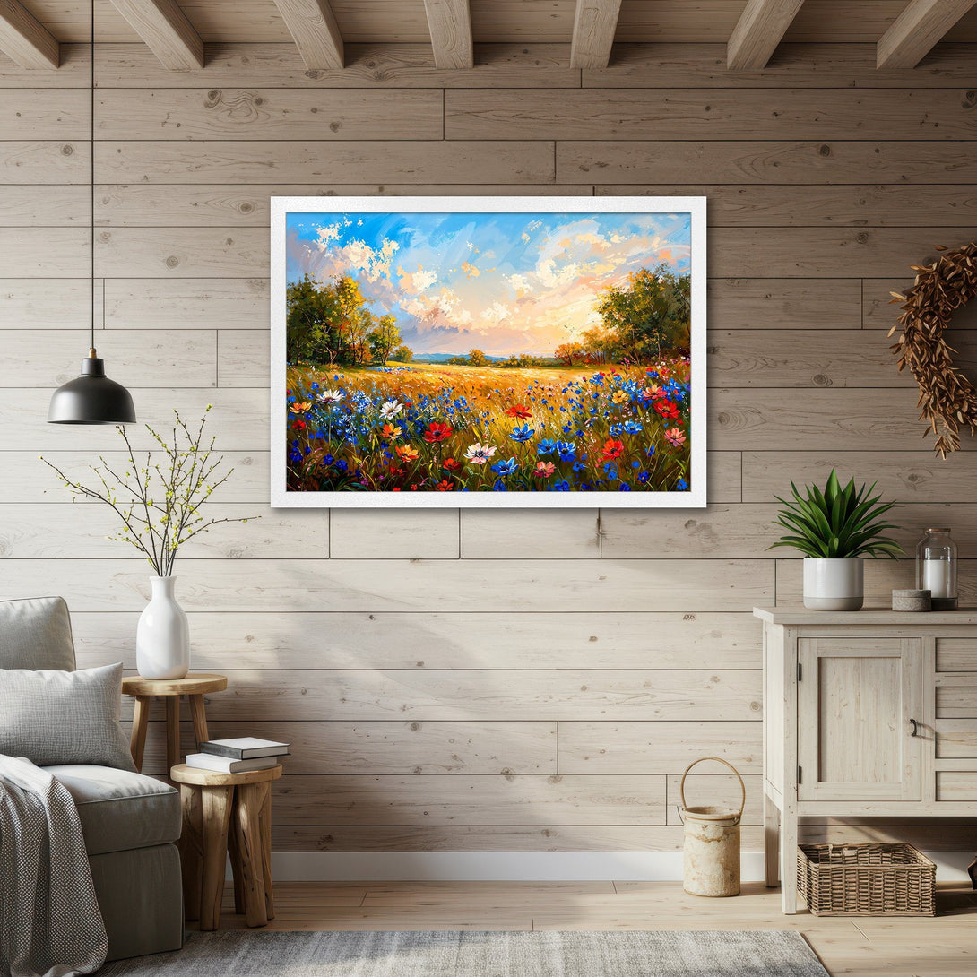Framed Poster of a vibrant wildflower field painting. Impressionistic style with a warm, colorful palette of blues, reds, yellows, and greens. Perfect wall art!