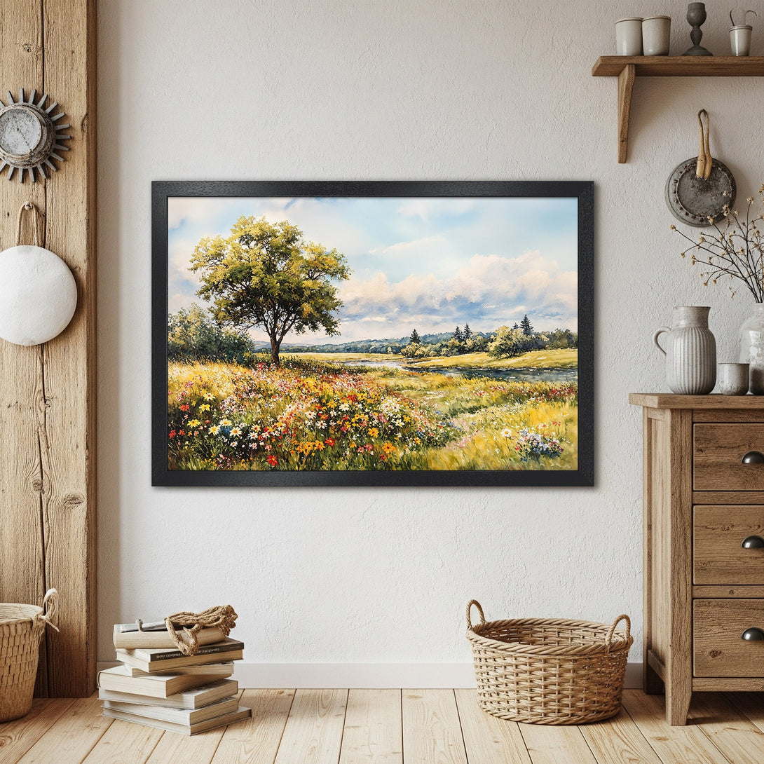 Framed Poster of a serene landscape painting. Features a tree, meadow, and river. Earthy tones with blues and greens.