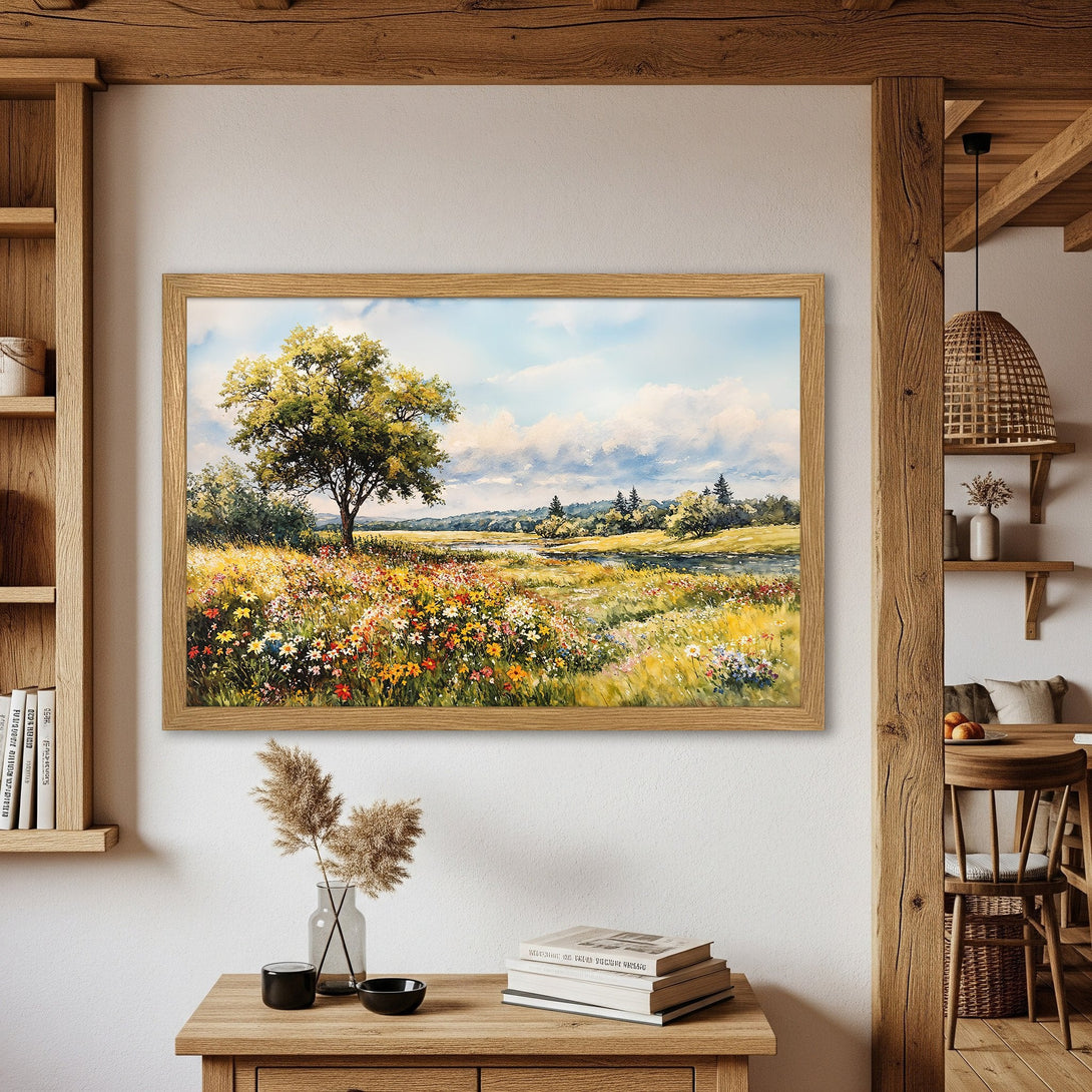 Framed Poster of a vibrant meadow landscape painting. Warm color palette with greens, yellows, and blues. Perfect art for your home.