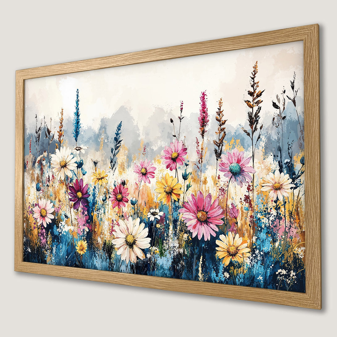 Framed Poster featuring vibrant wildflowers in an impressionistic style with a colorful palette. Perfect wall art!
