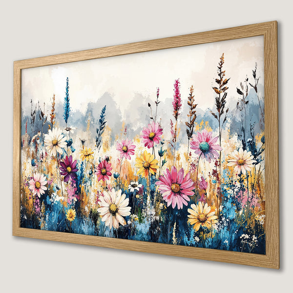 Framed Poster featuring vibrant wildflowers in an impressionistic style with a colorful palette. Perfect wall art!