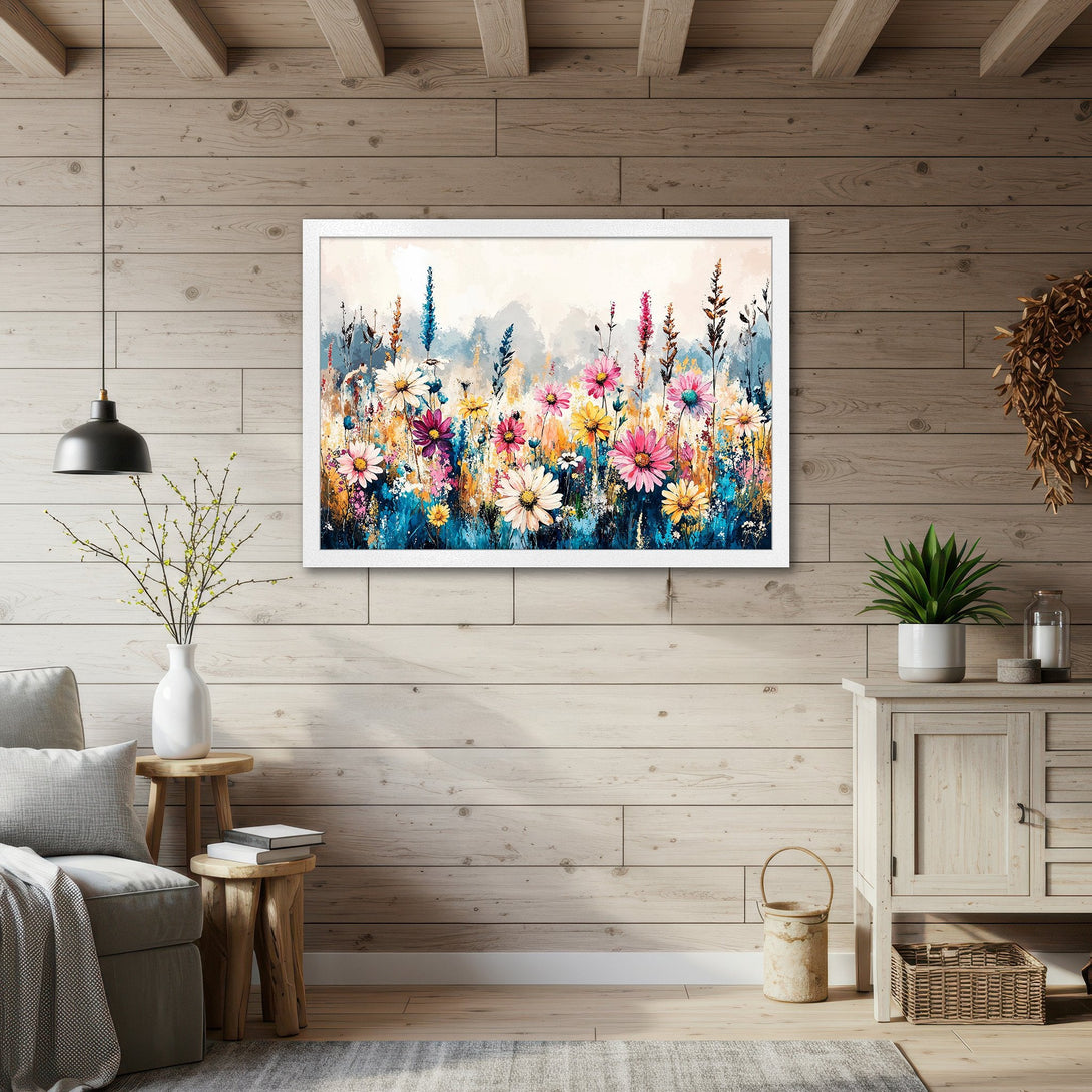 Framed Poster of vibrant wildflowers in a watercolor style, featuring a colorful palette of blues, pinks, and yellows. Perfect wall art!