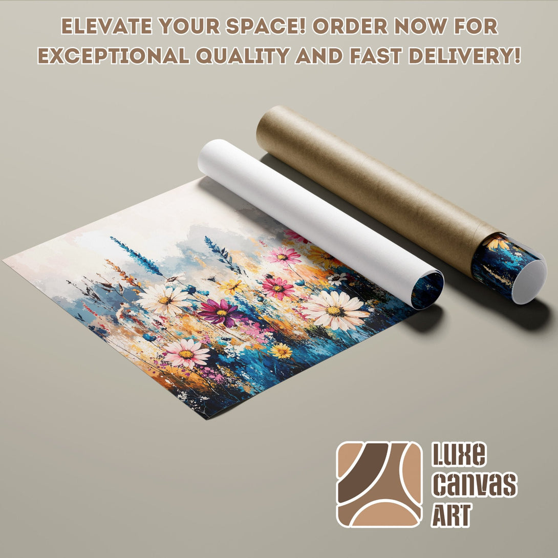 Abstract floral Poster Roll art in blue, pink, and yellow, ready to elevate your space!