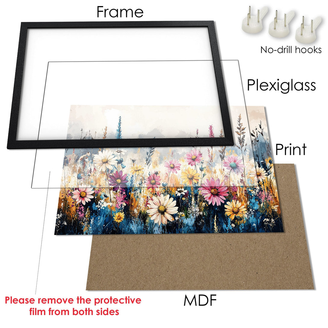 Framed Poster with vibrant floral art. Features a black frame, colorful flowers, and a beautiful blue, pink, and yellow palette. Perfect wall decor!