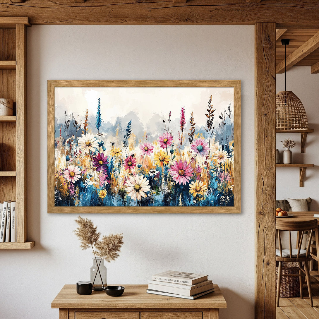 Framed Poster featuring a vibrant watercolor floral meadow. Artistic style with a blue, yellow, and pink color palette. Perfect wall art!