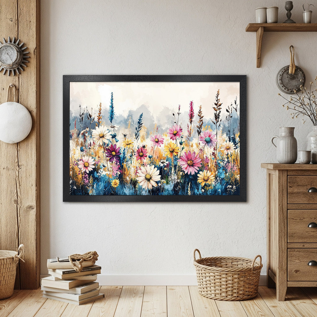 Framed Poster featuring a vibrant floral watercolor painting. Colorful wildflowers in a dreamy, artistic style. Beautiful pinks, blues, and yellows.