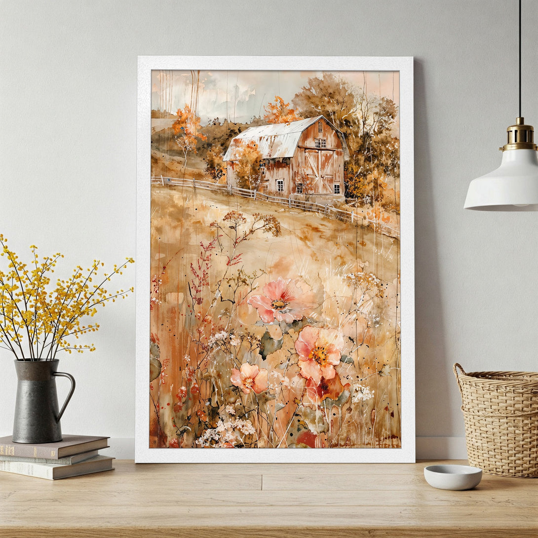 Framed Poster featuring a watercolor barn scene with flowers, warm earth tones. Perfect rustic wall art for your home!
