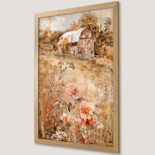 Framed Poster featuring a watercolor landscape with a barn and flowers. Warm, earthy color palette. Perfect for rustic decor.