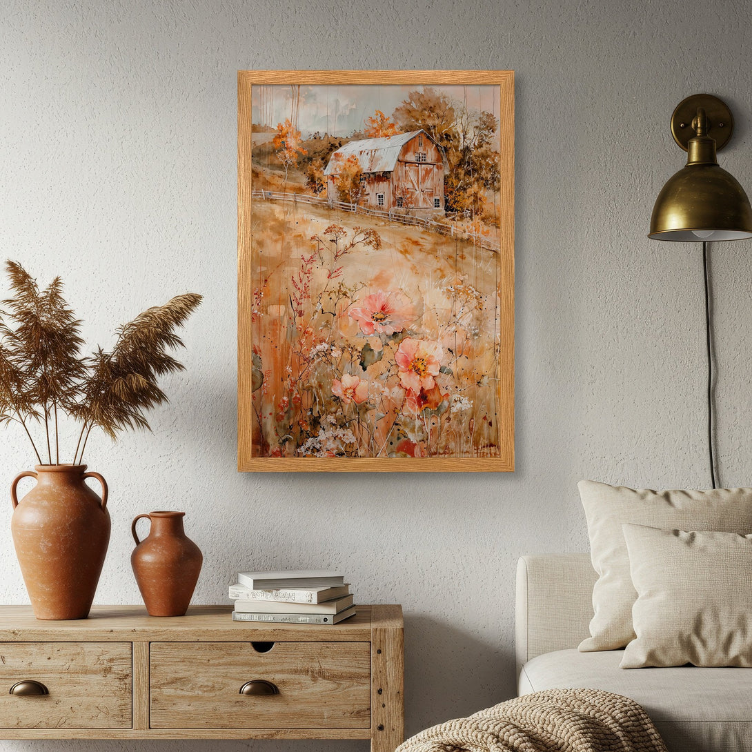 Framed Poster featuring a watercolor barn scene in warm earth tones. Perfect rustic wall art for your home decor.