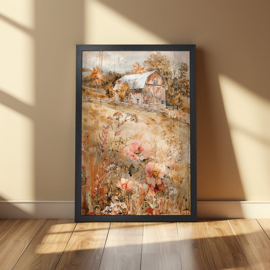 Framed Poster featuring a watercolor barn scene with flowers, warm earth-tone color palette, perfect for rustic home decor.