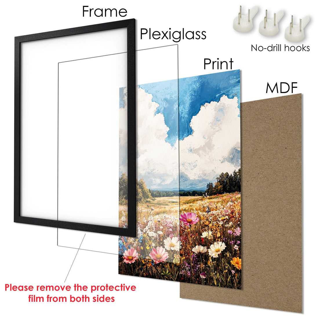 Framed Poster of colorful meadow landscape art, featuring a vibrant floral and blue sky palette. Ready to hang!
