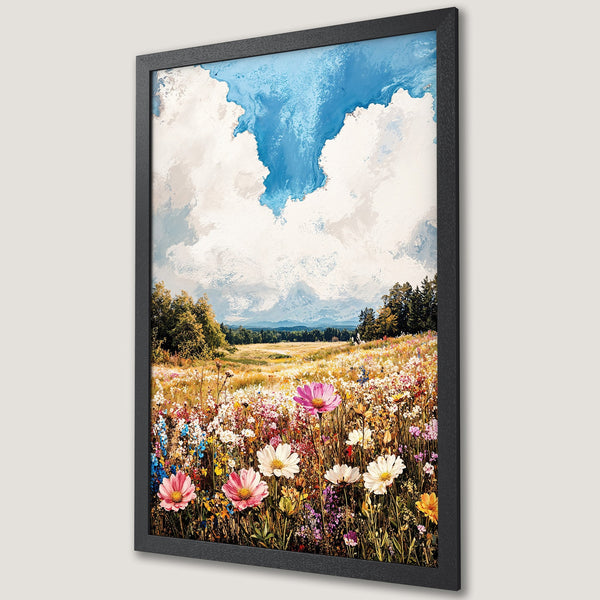 Framed Poster featuring a vibrant meadow scene with wildflowers under a blue sky, painted in a colorful impressionistic style.