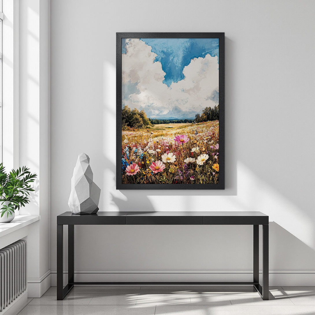Framed Poster featuring a vibrant field of wildflowers under a blue sky. Impressionistic style with a colorful palette, perfect wall art.