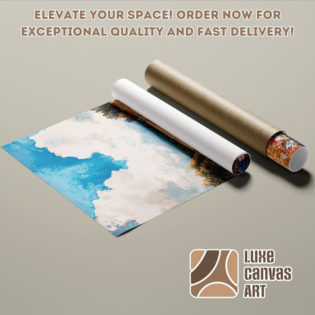 Abstract landscape Poster Roll in blue, white, and earthy tones. Elevate your space with Luxe Canvas Art!
