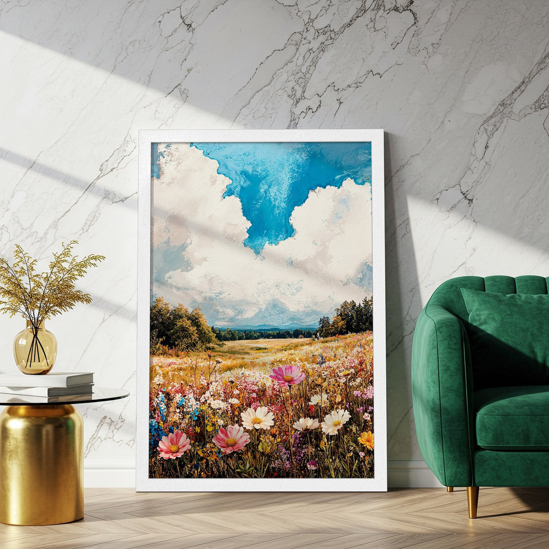Framed Poster of a vibrant wildflower meadow landscape, featuring a blue sky and colorful blooms. Perfect wall art!
