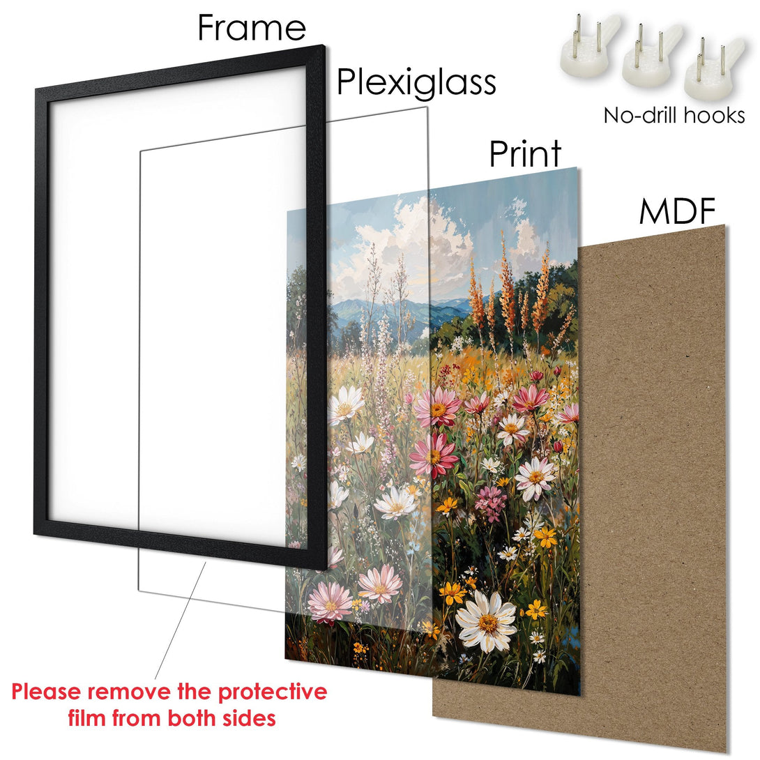 Framed Poster featuring a vibrant floral field in an impressionistic style with a colorful palette. Perfect wall art for any room!