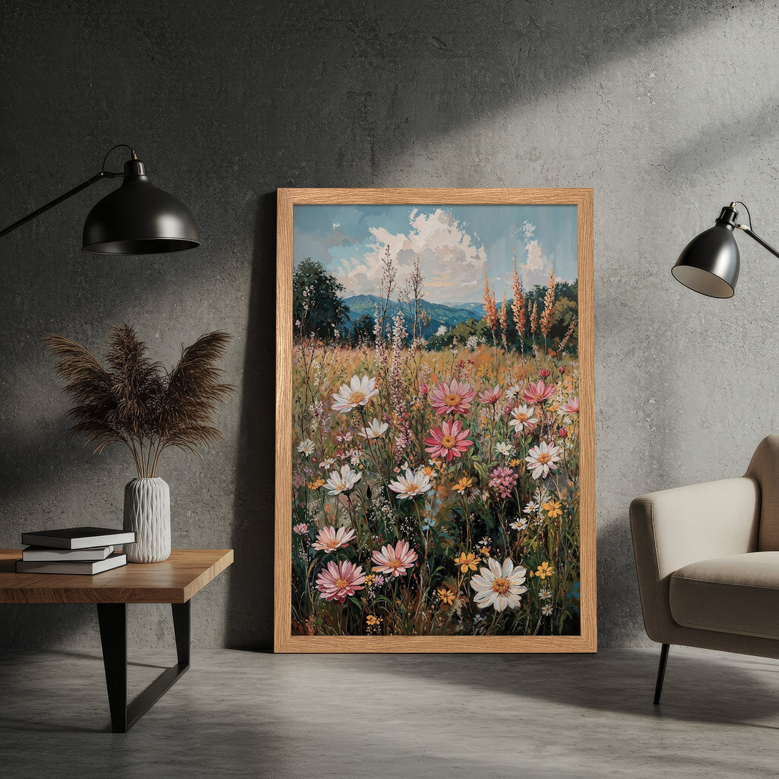 Framed Poster featuring a vibrant wildflower meadow painting in a warm, natural color palette. Perfect art for your home!