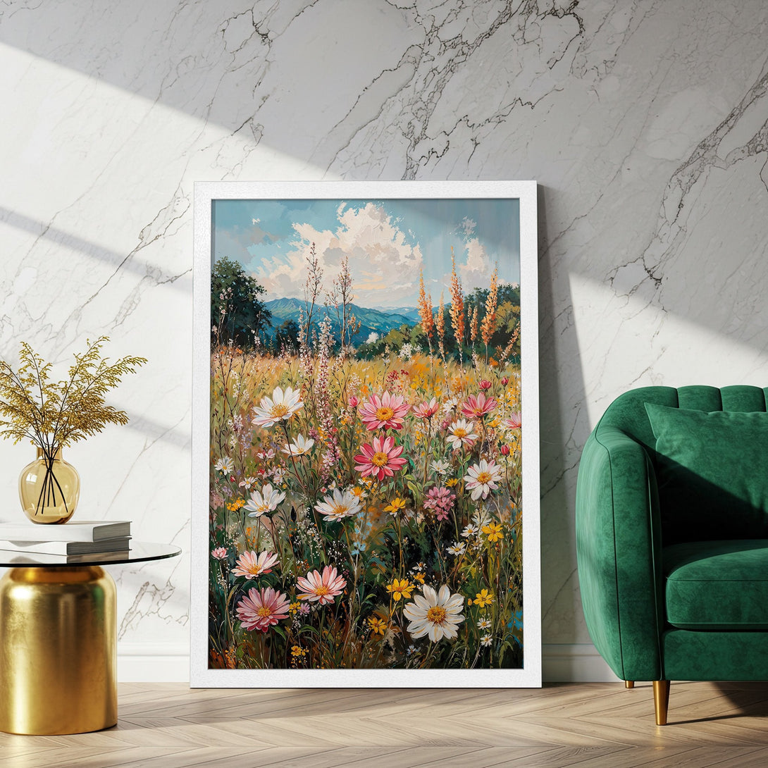 Framed Poster featuring a vibrant field of wildflowers in a painterly style with a warm, colorful palette. Perfect wall art!