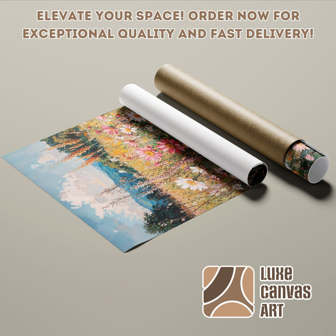 Poster Roll of a floral landscape art print in a soft, warm color palette. Elevate your space with this beautiful Poster!
